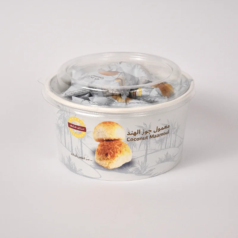 الحقائق الغذائيةالمكوناتدقيق عجينة تمر سكر زيت نباتي نخيل بيكنج بودر مصل الحليب بودر جلوكوز جوز هند مبشور جليسرين مواد رافعة بيكربونات الصوديوم بيكنج بودر حمض الستريك اي 330 ملح طعام مواد استحلاب ليسيثين الصوياإي322 نكهة إصطناعية جوز الهند